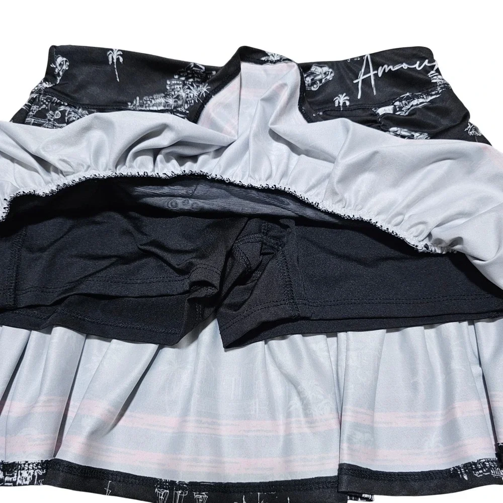 Lucky in‎ Love Tennis Skort Women S Black Tropical Toile Ruched Ruffle